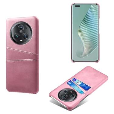 Imagem de Capas Compatível com Honor Magic 5 Pro,Caso de couro PU-Tampa de telefone a prova de choque com 2 slots de cartão,Proteção anti-impressão digital e anti-gota-Pink