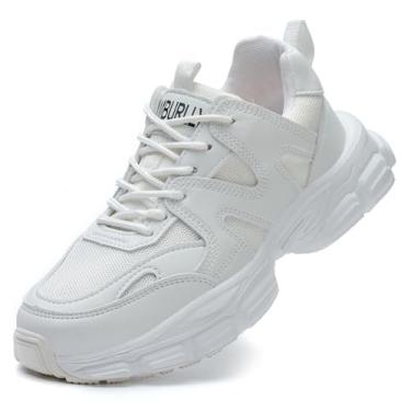 Imagem de COOU Tênis feminino de segurança com bico de aço, leve, confortável, antiderrapante, sola espessa, à prova de perfuração, tênis feminino tamanho 34-42, Branco, 36/38 BR