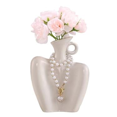 Imagem de YUSHUIHOME Conjunto de vaso de cerâmica em forma de corpo preto: 4 flores artificiais + corrente de pérola incluída, decoração criativa de mesa de sala de estar, garrafa decorativa de cerâmica