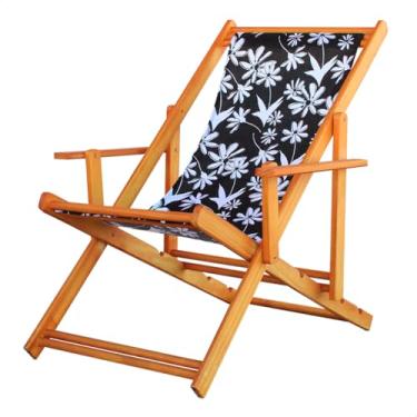Imagem de Espreguiçadeira em Madeira Maciça para Piscina, Praia – Com Braço, Dobrável, Acabamento Envernizado (Folhas Preto e Branco)