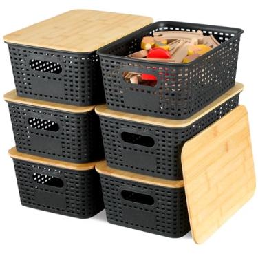 Imagem de EOENVIVS Pacote com 6 caixas de armazenamento com tampas de bambu para organização de despensa e recipientes de armazenamento para prateleiras, gavetas, armário, mesa, sala de jogos, sala de aula