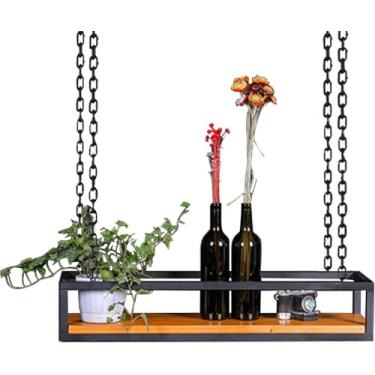 Imagem de Prateleira De Montagem No Teto Flutuante Suspensa Prateleiras De Armazenamento De Cozinha Rack De Panelas De Panela, Industrial Rústico Preto - Tábuas De Madeira E Estrutura De, 80x25x15cm