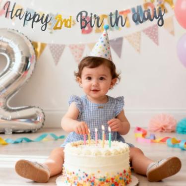 Imagem de Banner Happy 2nd Birthday - Pré-amarrado, sem DIY, glitter dupla face, decoração infantil vibrante para festas e sessões de fotos - perfeita para pais, avós e organizadores de festas