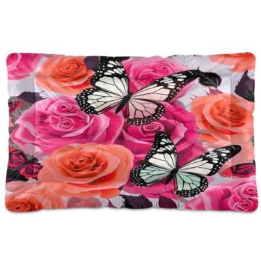 Imagem de Wassud Borboletas rosadas (2) cama de cachorro com corações desenhados à mão, camas grandes para cães ao ar livre, tapete lavável para animais de estimação, cama de gato para dormir, viagens, 45,7 cm