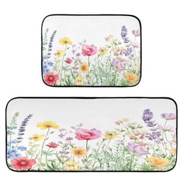 Imagem de Qilmy Tapetes de cozinha de flores silvestres aquarela 2 peças, tapete de entrada frontal, antiderrapante, alivia a fadiga, lavável, tapete para cozinha, quarto, varanda609