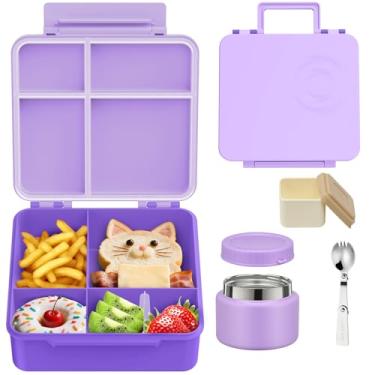 Imagem de LAUJIA Lancheira infantil com 5 compartimentos, pote e utensílios isolados para alimentos, caixa bento à prova de vazamento com recipiente de molho, livre de BPA e lavável na lava-louças, design