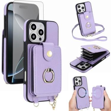 Imagem de Capa de telefone para iPhone 16 Pro carteira magnética destacável protetor de tela anel suporte transversal alça de cordão compatível com bloqueio de RFID MagSafe i Phone16 i16 16Pro para mulheres