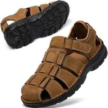 Imagem de KOIMED Sandálias masculinas de couro para caminhada, bico fechado, sapatos aquáticos para o verão, atlético, caminhada, esportes, trilha, pesca, rio, pesca, largo, ajustável, à prova d'água, suporte