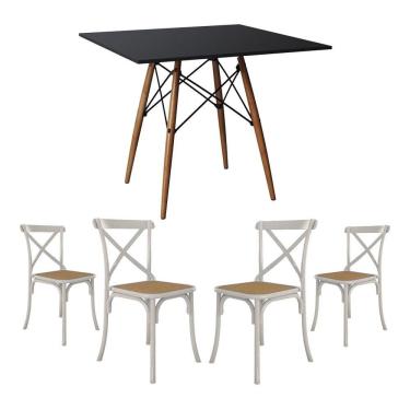Imagem de Conjunto De Mesa Eiffel Quadrado Tampo De Madeira 90Cm Preto Com 4 Cadeiras Katrina Brancao