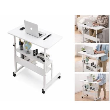 Imagem de Mesa Notebook Multiuso Altura Ajustável 2 Prateleiras Escrivaninha Home Office Cama Rodinhas Branca
