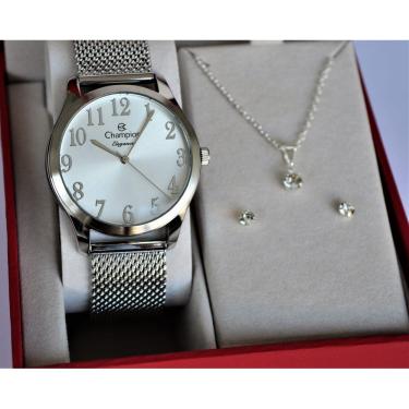Imagem de Relogio Champion Feminino Prateado + Kit Semi Joia Cn26019q Lançamento