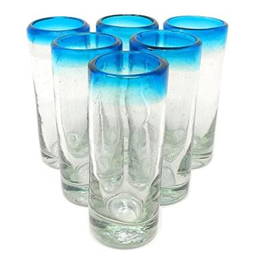 Imagem de Dos Sueños Copos de dose de tequila mexicana soprados à mão – Conjunto de 6 copos de dose de tequila Aqua Rim (59 ml cada)