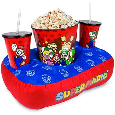 Imagem de Kit Almofada Porta Pipoca Super Mario Com Balde + 2 Copos Com Canudo Exclusivo Oficial Para Casal Namorados Amigos Em Suede