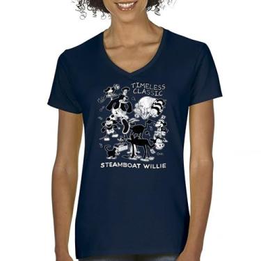 Imagem de Camiseta feminina clássica Steamboat Willie com decote em V retrô 1928 desenho vintage mouse barco a vapor camiseta férias em família, Azul marinho, XXG
