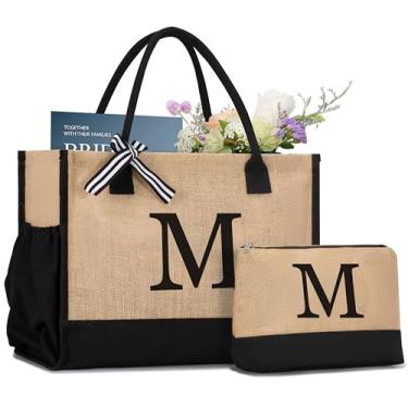 Imagem de GASSDA Sacola de lona inicial, presente de aniversário para mulheres, mãe, professora, amiga, dama de honra, personalizada para casamento, férias na praia, M 2 conjuntos, Medium