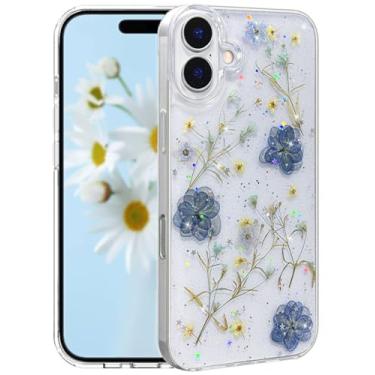Imagem de CEOKOK Capa floral de TPU transparente para iPhone 16 Plus | Design de flores azuis violetas prensadas verdadeiras, fofas, brilhantes, brilhantes, finas, macias, transparentes, protetoras, femininas e