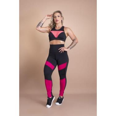 Imagem de Conjunto Fitness Feminino Calça Legging Cintura Alta E Top Tela Moda T