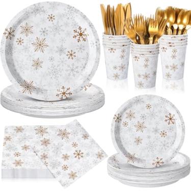 Imagem de Potchen Conjunto de utensílios de mesa de floco de neve de Natal, 210 peças, suprimentos de festa de inverno, descartáveis, pratos de papel de floco de neve, guardanapos, copo de faca de plástico,