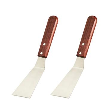 Imagem de Espátulas de metal para uso na cozinha - Espátula pequena com cabo de madeira - Espátula/espátula de aço inoxidável com fenda - Espátula de grelha e grelha para carne, hambúrguer, brownie, biscoito,