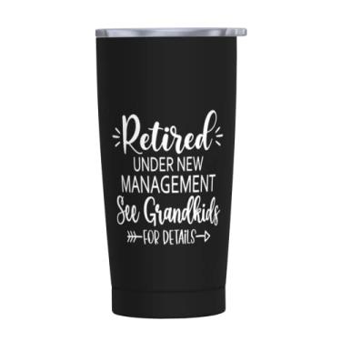 Imagem de Wisedeal Caneca de café de aço inoxidável com tampa isolada Retired Under New Management, presente de aniversário de Natal de aposentadoria para avó, avô, tio, pai, mãe, tia, preta, 590 ml