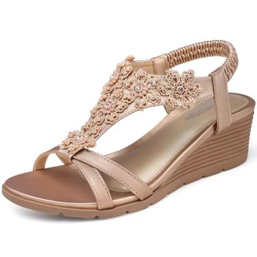 Imagem de TEMOFON Sandálias femininas com cunha baixa: cunhas abertas de verão - Plataforma elegante casual com tira elástica no tornozelo - Sandálias florais de strass confortáveis, Glod rosa 25, 37