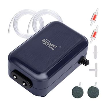 Imagem de hygger Bomba de ar de aquário, bomba de oxigênio ajustável, bomba de arejamento silenciosa potente 2W/3W/4.5W/6W/2 saídas de ar ultra para tanque de até 100 galões (6W) com acessórios
