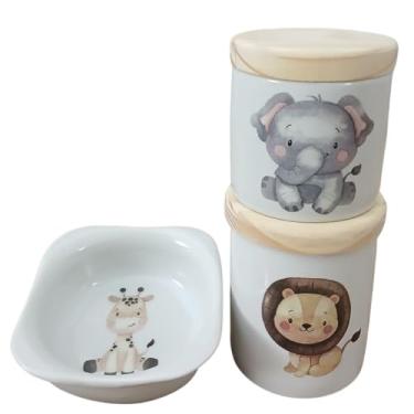 Imagem de Kit higiene bebê 3 peças Safari - Potes e Molhadeira - Peças porcelana e tampas pinus