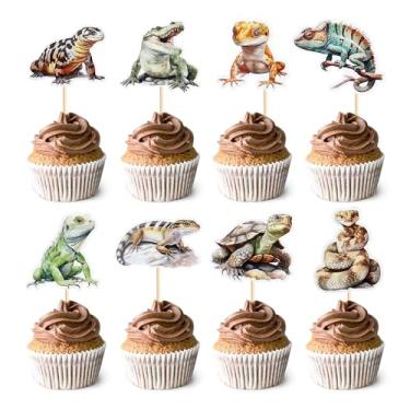 Imagem de Ercadio 32 Pcs Reptiles Cupcake Toppers Chameleon Lizard Snake Alligator Turtle Cupcake Pick Decorations for Reptiles Theme Baby Shower Birthday Party Cake Decorations Supplies
