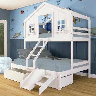 Imagem de Beliche Casal/ Solteiro Casinha Dos Sonhos Com 02 Gavetas Kit Escada/ Escorregador Madeira Maciça Branco Megamobilia