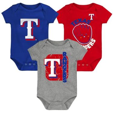 Imagem de Outerstuff Conjunto de 3 peças de macacão MLB para recém-nascidos e bebês de 0 a 24 meses (6/9 meses, Texas Rangers)