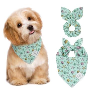 Imagem de E-Clover Conjunto de bandanas e scrunchie combinando com estrelas do mar e babadores de cachorro azul com gravata borboleta para cães pequenos, dona de cachorro, mãe