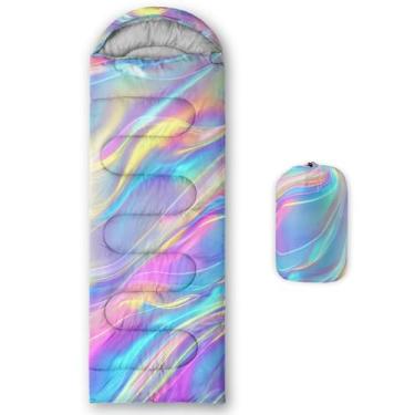 Imagem de QOOMO Sacos de dormir impermeáveis arco-íris para adultos e crianças, sacos de dormir impressos para acampamento, clima quente e frio para 3 estações, leve, viagem e ao ar livre, equipamento de
