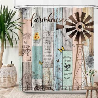 Imagem de Lnepty Cortina de chuveiro rústica para casa de fazenda, moinho de vento, vaca animal de fazenda, azul, citações inspiradoras, porta de celeiro, país ocidental, tecido impermeável, conjunto de cortina