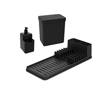 Imagem de Kit Lixeira 2,5L Dispenser Porta Detergente Líquido Escorredor De Louças Single - Coza - Preto