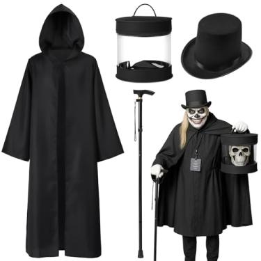 Imagem de WinnerWhy 4 peças de fantasia de fantasma adulto cosplay para homens, conjunto completo, chapéu assombrado com capa preta, chapéu de mágico preto, caixa de feltro grande, bengala para festa