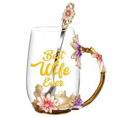 Imagem de Xícara de chá OEAGO Caneca de vidro floral romântica com colher