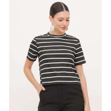 Imagem de Blusa Feminina Canelada Listrada Manga Curta Marisa-20024, Preto, M