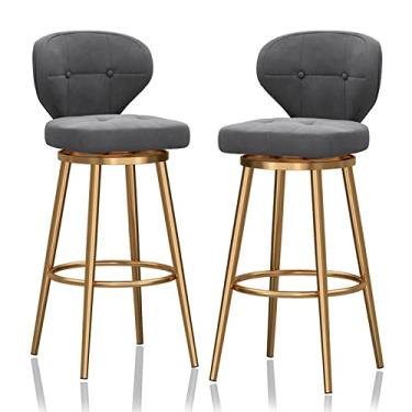 Imagem de Banquetas de barra com altura de balcão, bancos de bar giratórios, conjunto de 2, bancos de balcão para bar Island, banquetas de barra com estrutura de metal com encosto e apoio para os pés