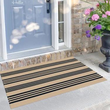 Imagem de KILOCOCO Tapete listrado 6 x 9 cm para ambientes internos e externos, tapete para porta da frente, tecido à mão, de algodão, lavável, listrado, capachos para porta da