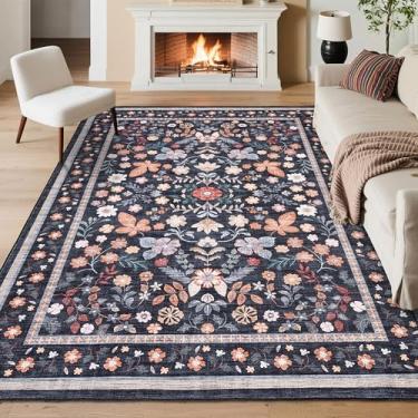 Imagem de GarveeHome Tapetes de área de 25 x 35 cm para sala de estar, floral, lavável na máquina, macio, grande, boho, resistente a manchas, tapete botânico antiderrapante para quarto, casa de fazenda, sala de