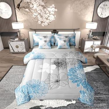 Imagem de Erosebridal Conjunto de edredom completo com flores estéticas, azul, cinza, 7 peças | Cama romântica estilo japonês em uma bolsa para quarto, boêmio, meninas, floral, com edredom, decoração de quarto