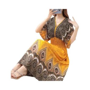 Imagem de Vestido Midi Boêmio Com Decote Em V Colorido Para Mulheres, Moda Chic 