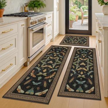 Imagem de JTJ Conjuntos de 3 tapetes de cozinha laváveis, antiderrapantes para chão, tapete de corredor de pilha baixa para pia e fogão, padrão de insetos botânicos vintage preto