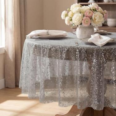 Imagem de Horaldaily Toalha de mesa de prata cinza, redonda, 152 x 152 cm, folha metálica com glitter, gaze de tule transparente para casamento, chá de bebê, cerimônia, aniversário