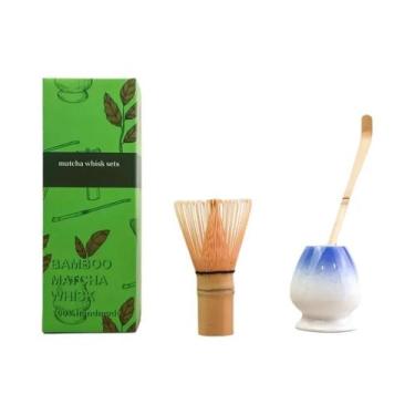 Imagem de Conjunto De Matcha Em Bambu 3 Peças Batedor De Cerâmica Colher De Chá 