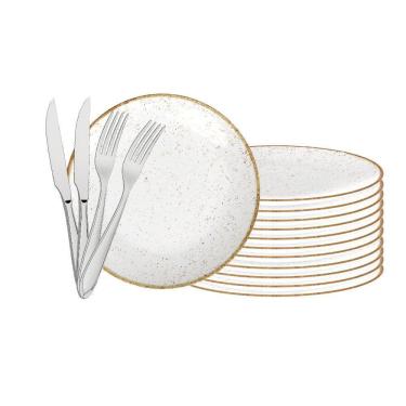 Imagem de Jogo De Pratos Rústico 12pç Porcelana 28cm Com Talheres Laguna Tramontina