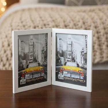 Imagem de Porta Retrato Duplo Vertical 15x21 Moldura de Madeira Branco com Vidro