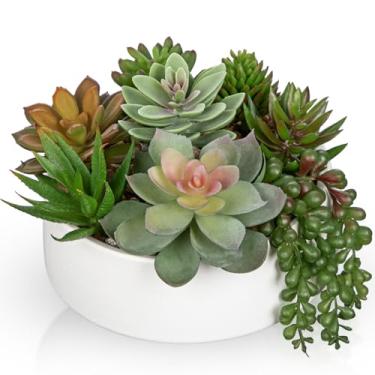 Imagem de DILATATA Plantas suculentas artificiais em vaso de 14 cm com arranjo de suculentas falsas em vaso de cerâmica branca para casa, escritório, mesa, prateleira, sala de estar, quarto, banheiro