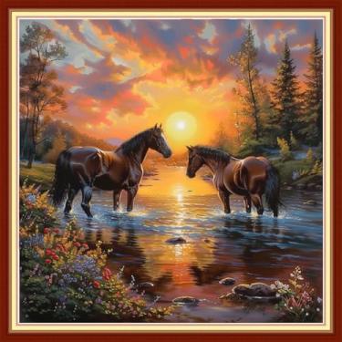 Imagem de Joyhoor Kits de ponto cruz para iniciantes carimbados suprimentos de ponto cruz kits de bordado pré-impressão para adultos kits de bordado DIY padrões de bordado 11CT-nascer do sol casal corcel 45,7 x