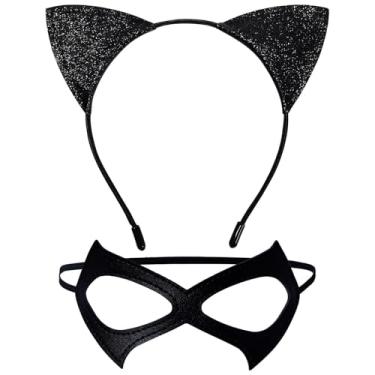Imagem de BAOPLAYKIDS Fantasia feminina de gato preto, máscara de gato e orelhas com glitter, acessório para fantasia de gato adulto para cosplay de Halloween